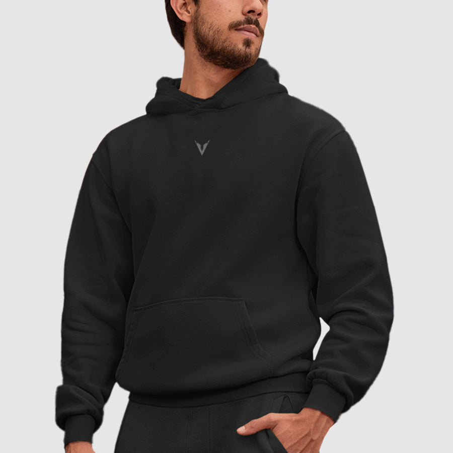 Black GymJet Sportswear Club Fleece Pullover Hoodie with a relaxed fit, front kangaroo pocket, and embroidered logo—crafted from cozy, heavy wool for cold-weather comfort.