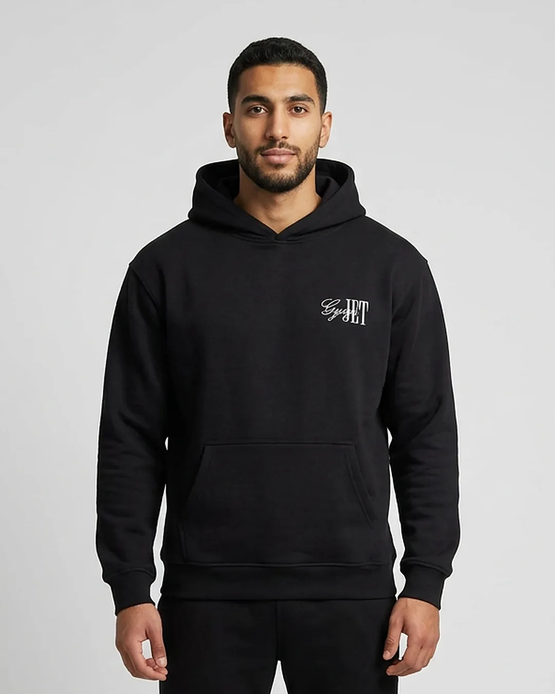 GYMJET Signature Fleece Hoodie - Black, front, with the embroidered GymJet signature logo