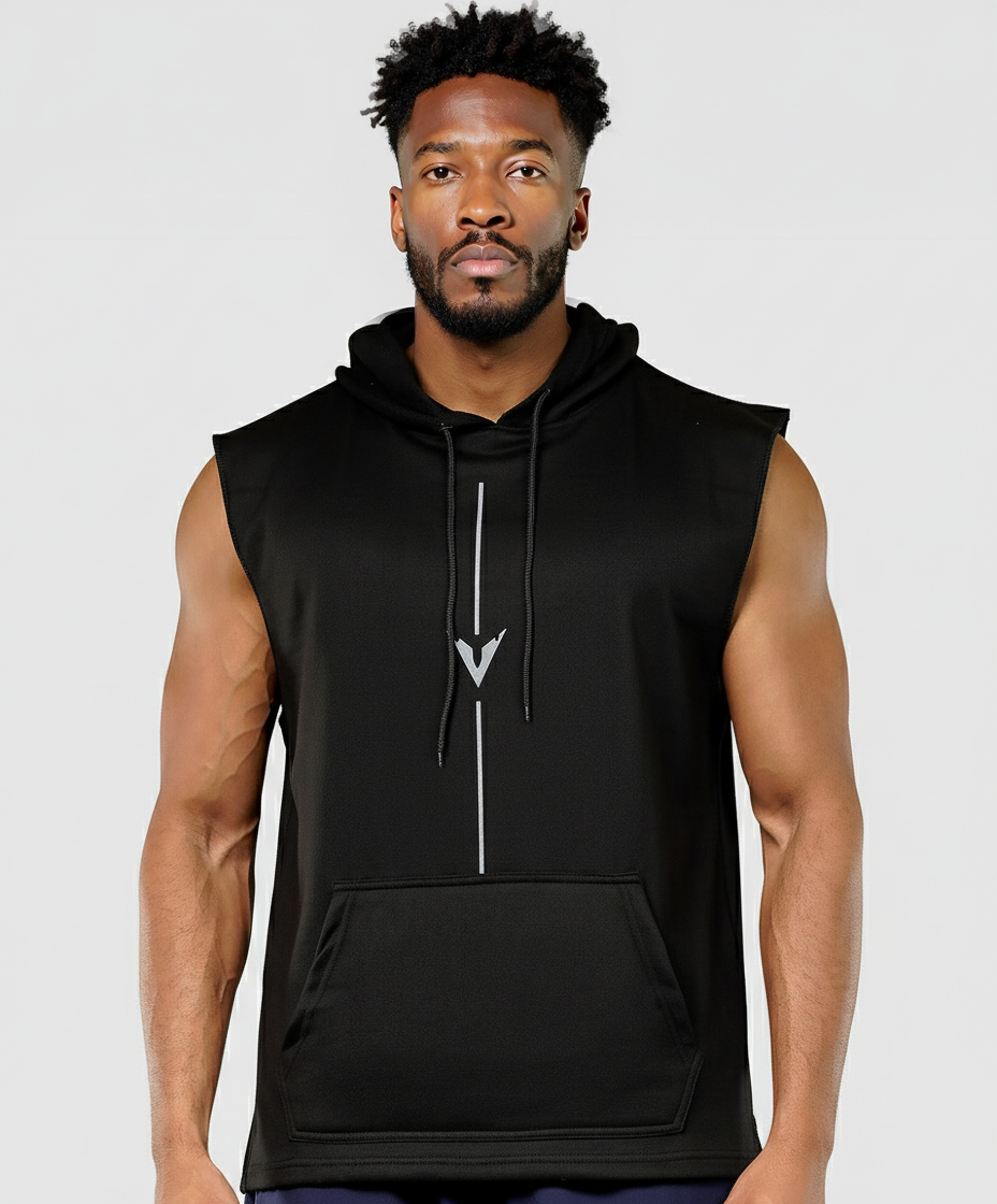 Man wearing a black sleeveless hoodie on a white background