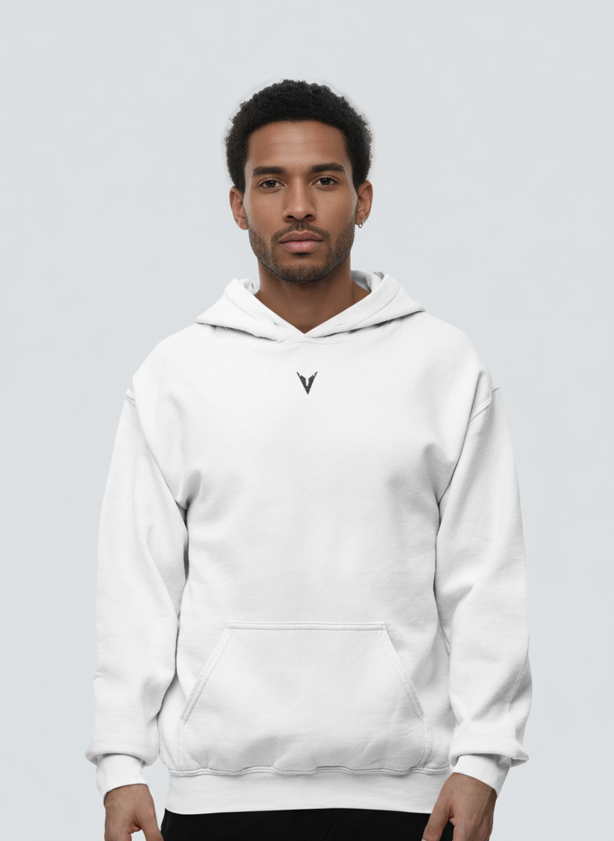Man wearing a white hoodie with a logo on a light gray background