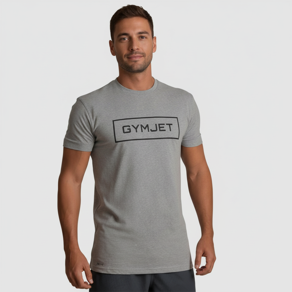Man wearing a gray 'GYMJET' t-shirt on a light gray background