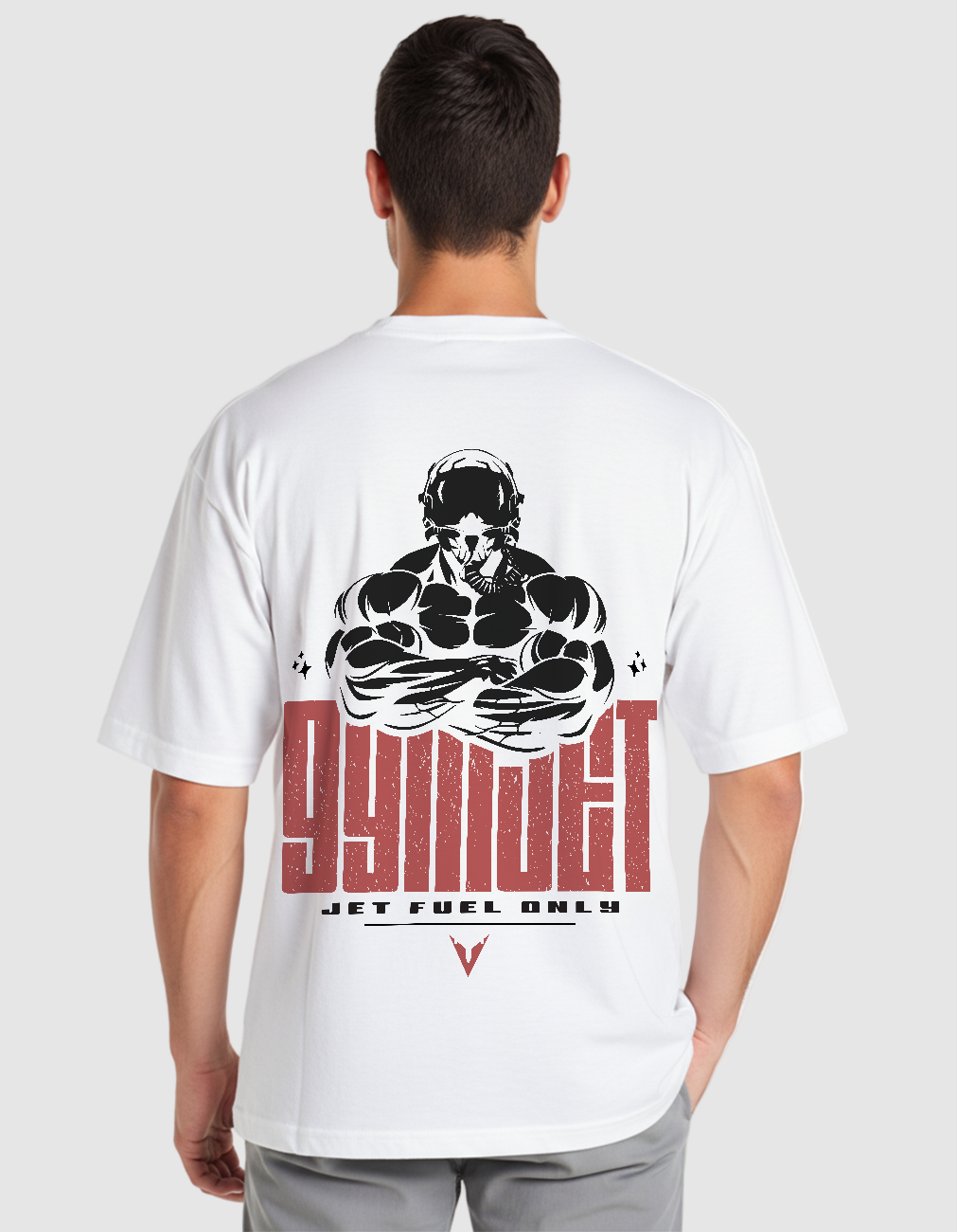 Person wearing a white t-shirt with a graphic design on the back against a white background