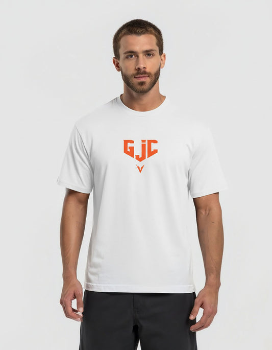 Man wearing a white t-shirt with an orange logo on a light gray background