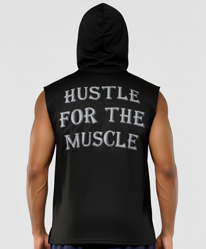 Person wearing a black sleeveless hoodie with 'Hustle for the Muscle' text on the back against a white background