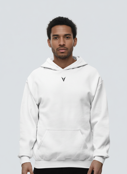 Man wearing a white hoodie with a logo on a light gray background