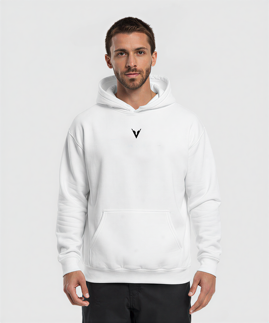 Man wearing a white hoodie with a black logo on a light gray background