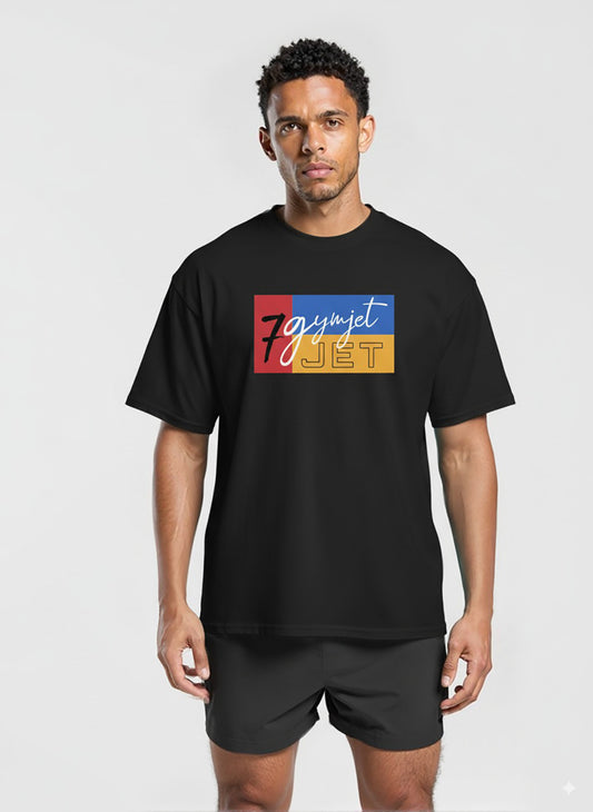 Man wearing a black t-shirt with colorful graphic design on a white background