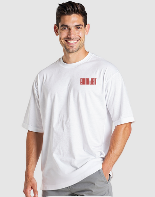 Man wearing a white t-shirt with a red logo on a white background