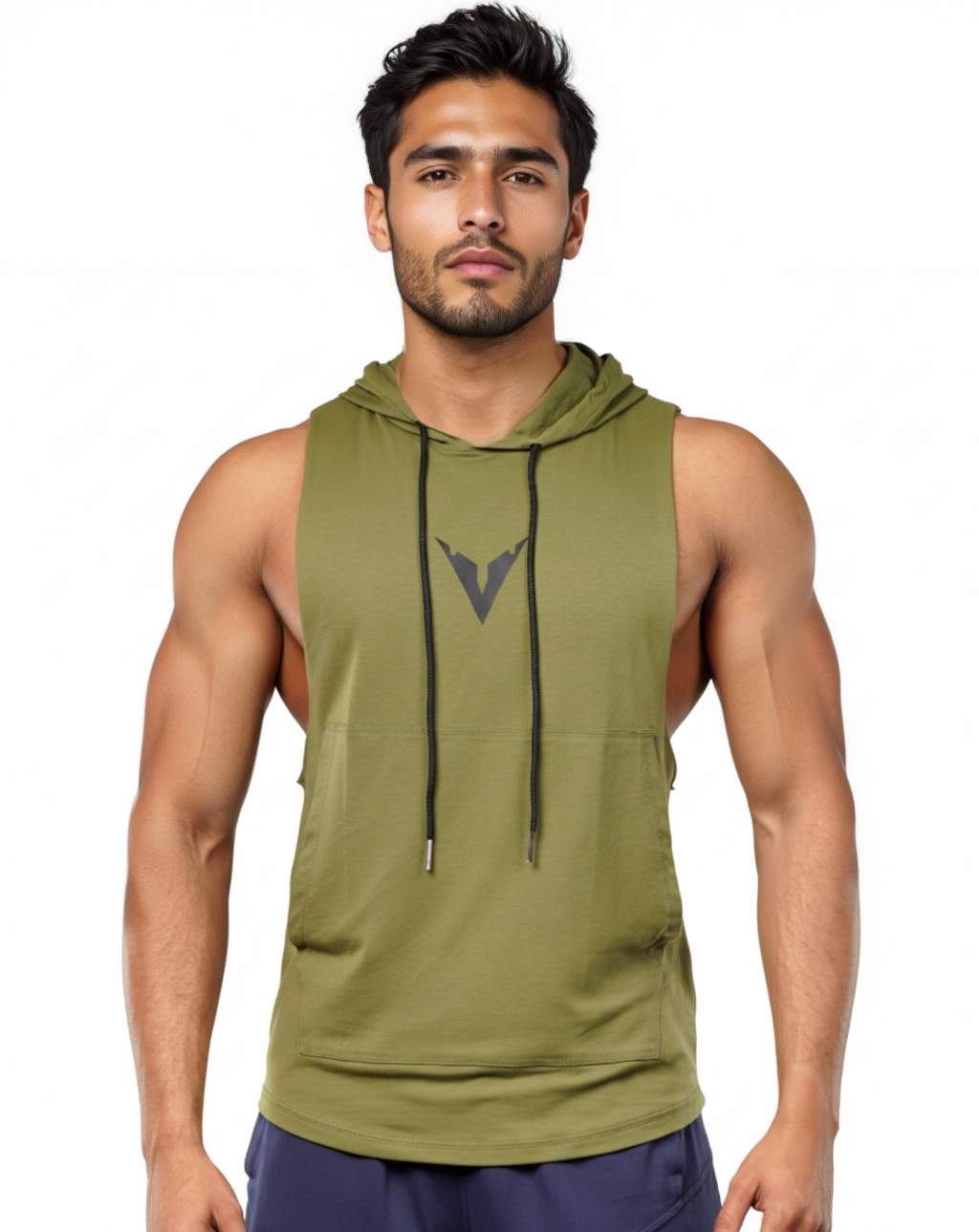 Man wearing a green sleeveless hoodie with a logo on a white background
