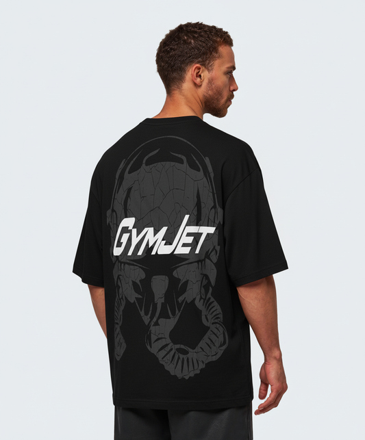 Person wearing a black 'GYMJET' t-shirt with a graphic design on the back against a light gray background