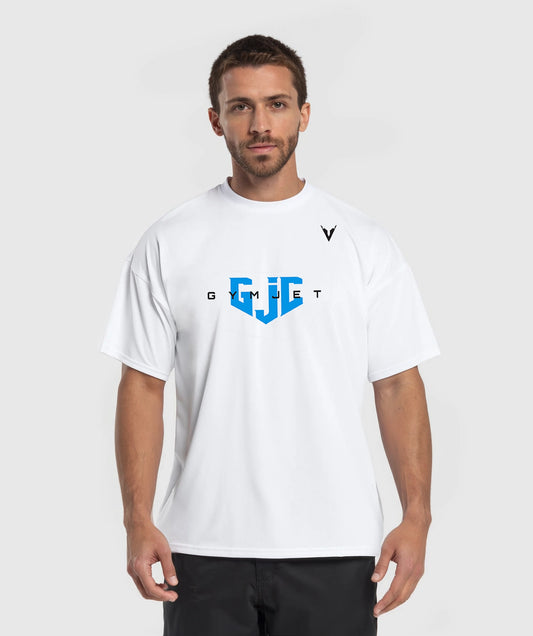 Man wearing a white t-shirt with a logo on a white background
